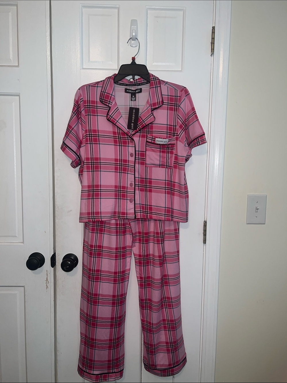Madden Girl Pink Plaid Short Sleeve Pajama Set